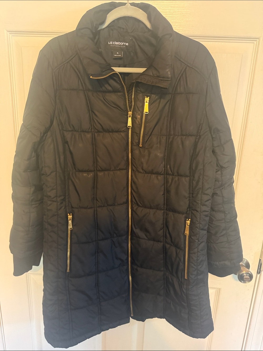 Liz Claiborne Black Quilted Long Puffer Coat with Gold Hardware